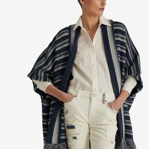 NWT Lauren Ralph Lauren Striped Cotton Fringe-Trim Cardigan Sweater Oversize Fit